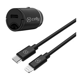 Celly Caricabatterie da auto 20W ultracompatto con cavo USB-C a Lightning
