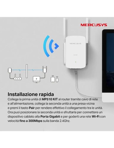 Mercusys MP510 KIT PowerLine Av1000 Wi-Fi N300 Kit 1p Gigabit 2 Antenne Esterne 2 Unita 2