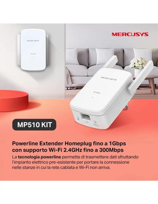 Mercusys MP510 KIT PowerLine Av1000 Wi-Fi N300 Kit 1p Gigabit 2 Antenne Esterne 2 Unita