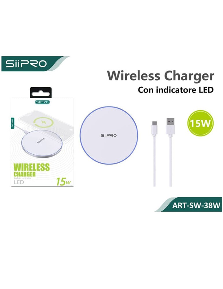 Caricatore Wireless con Indicatore LED 15W - SIIPRO SW-38W - Bianco