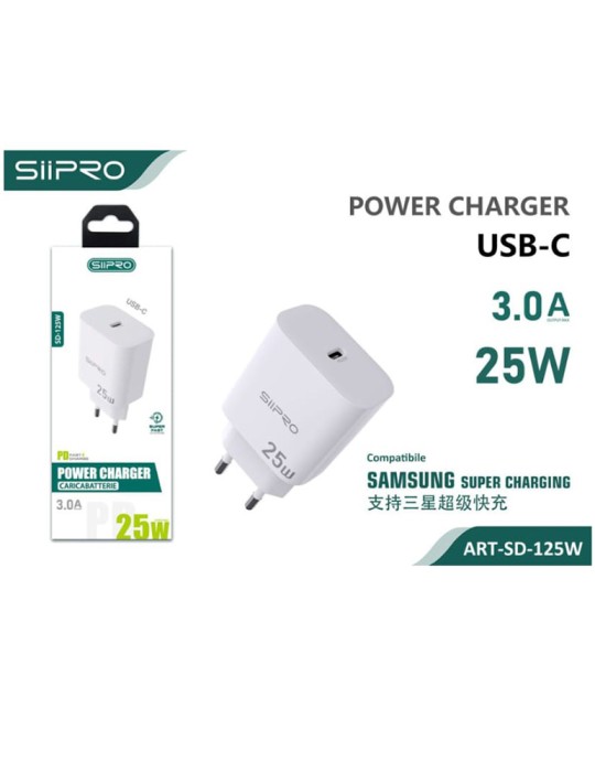 Alimentatore Power Charger USB-C - 3.0A - 25W - SIIPRO SD-125W - Bianco