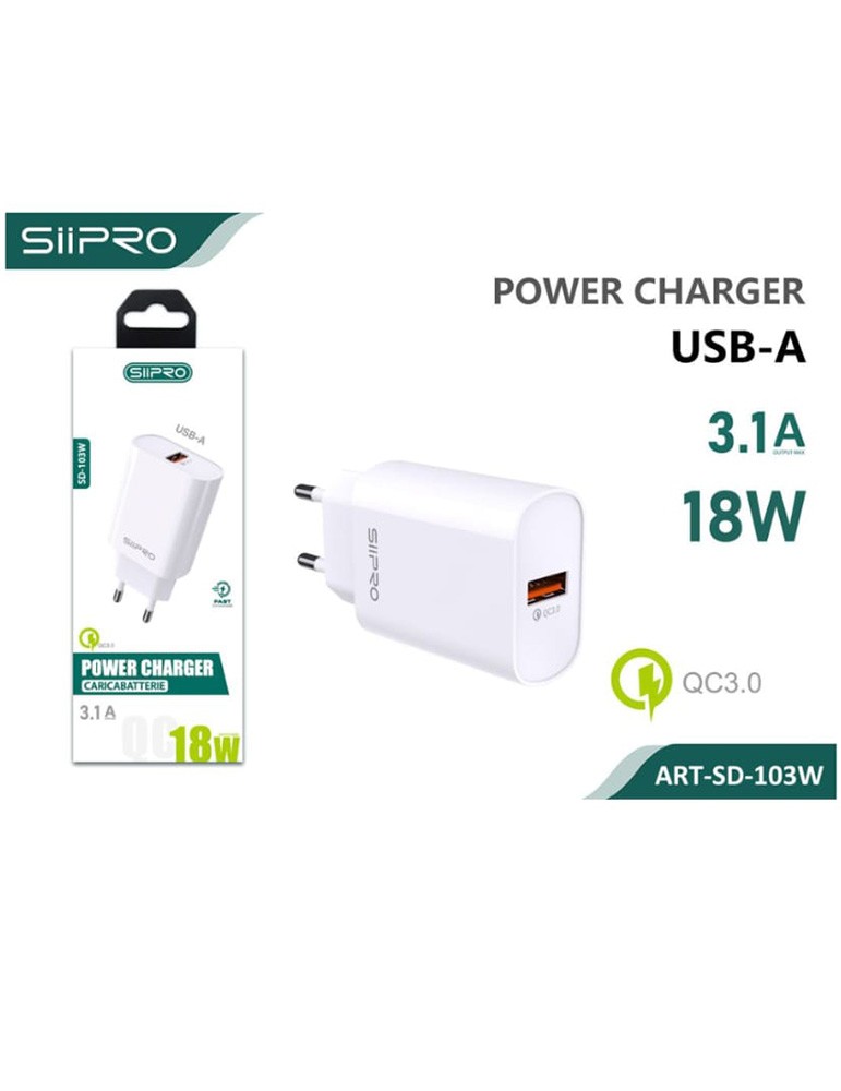 Alimentatore Power Charger USB-A - 3.1A - 18W - SIIPRO SD-103w - Bianco