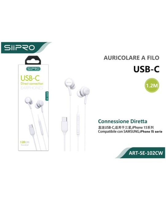Cuffie Auricolari Type-C con Filo - 1.2 Metri -SIIPRO SE-102CW