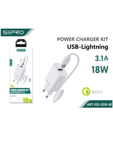 Caricatore + Cavo - Charger Kit - USB to Lightning - 3.1A - 18W - SIIPRO SD-103I