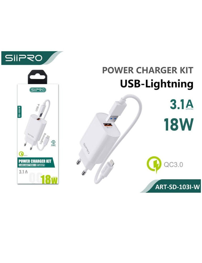 Caricatore + Cavo - Charger Kit - USB to Lightning - 3.1A - 18W - SIIPRO SD-103I