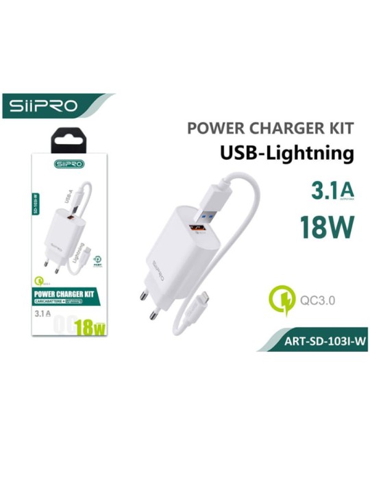Caricatore + Cavo - Charger Kit - USB to Lightning - 3.1A - 18W - SIIPRO SD-103I