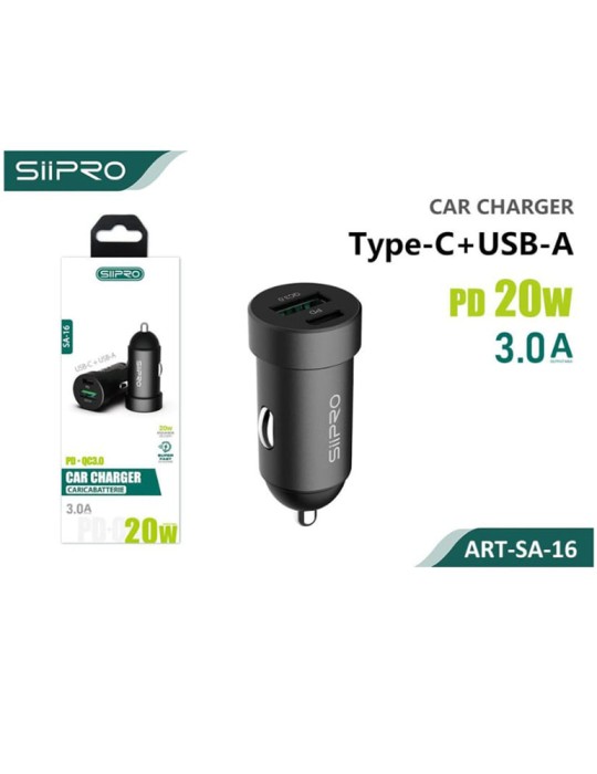 Caricatore da Auto con Porta USB-C e USB-A - 20W - 3.0A - SIIPRO SA-16