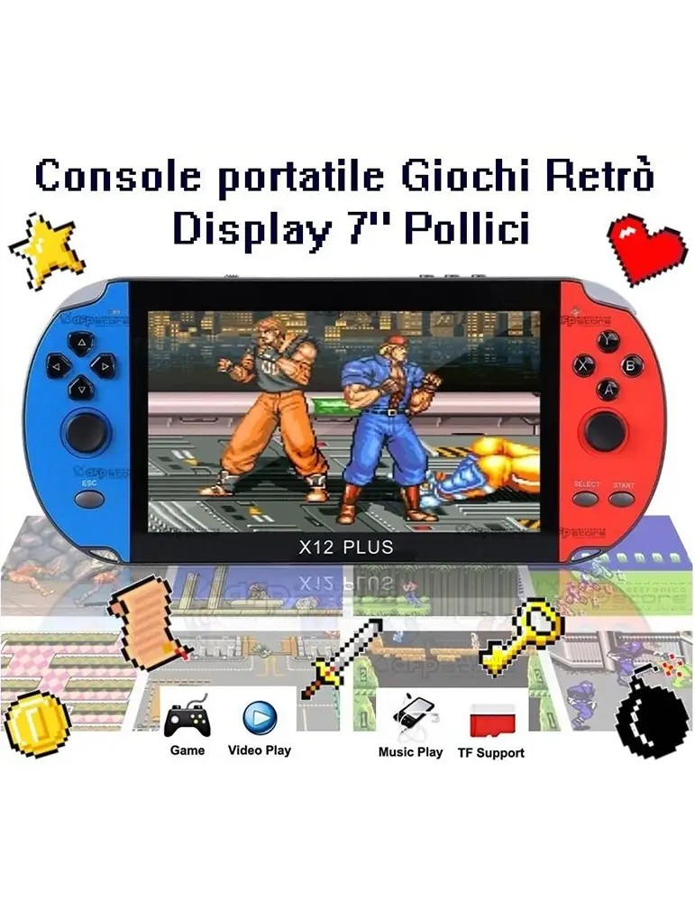 Console Portatile Giochi Retro Game X12 PLUS con Display a colori 7 Pollici e Memoria da 16GB