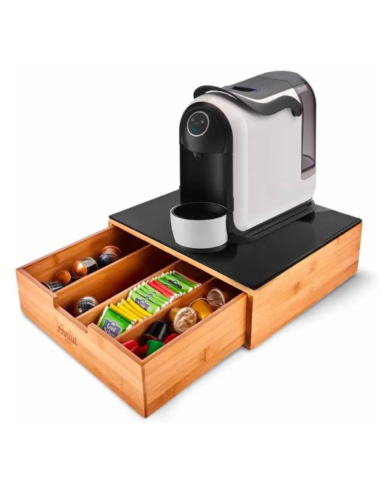 Porta Cialde Caffè e Porta Capsule in Bambù con Ripiano in Vetro Marmorizzato