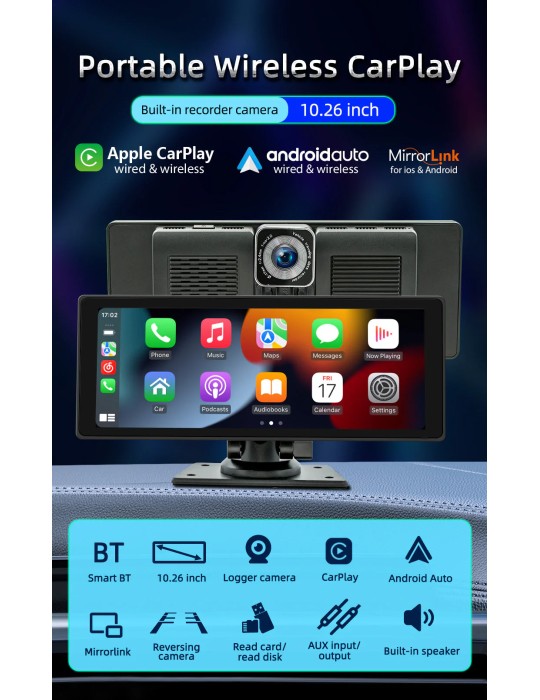 CARPLAY 10.26 pollici | Wireless Bluetooth FM Radio Car MP5 Player AHD Registratore Fotocamera